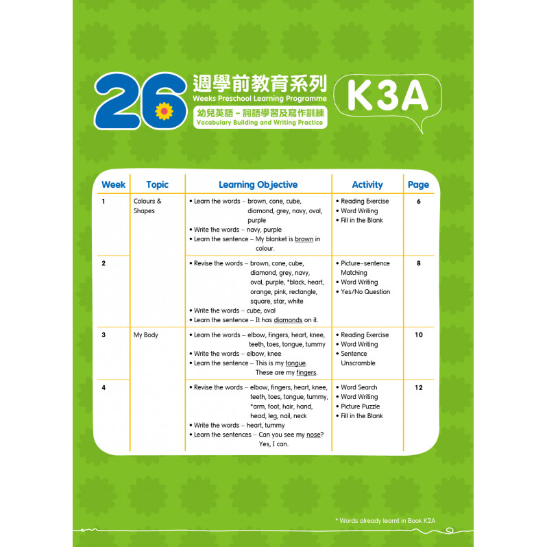 【多買多折】26週學前教育系列：幼兒英語 - 詞語學習及寫作訓練 K3A